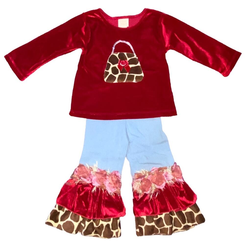 3T Haute Baby Red Velvet Giraffe Feather Embellished Flare Bell Bottom Jeans Set